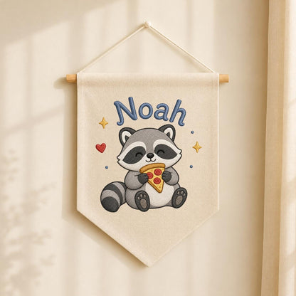 Personalized Embroidered Raccoon Banner, Custom Name Nursery Decor, Linen Wall Hanging
