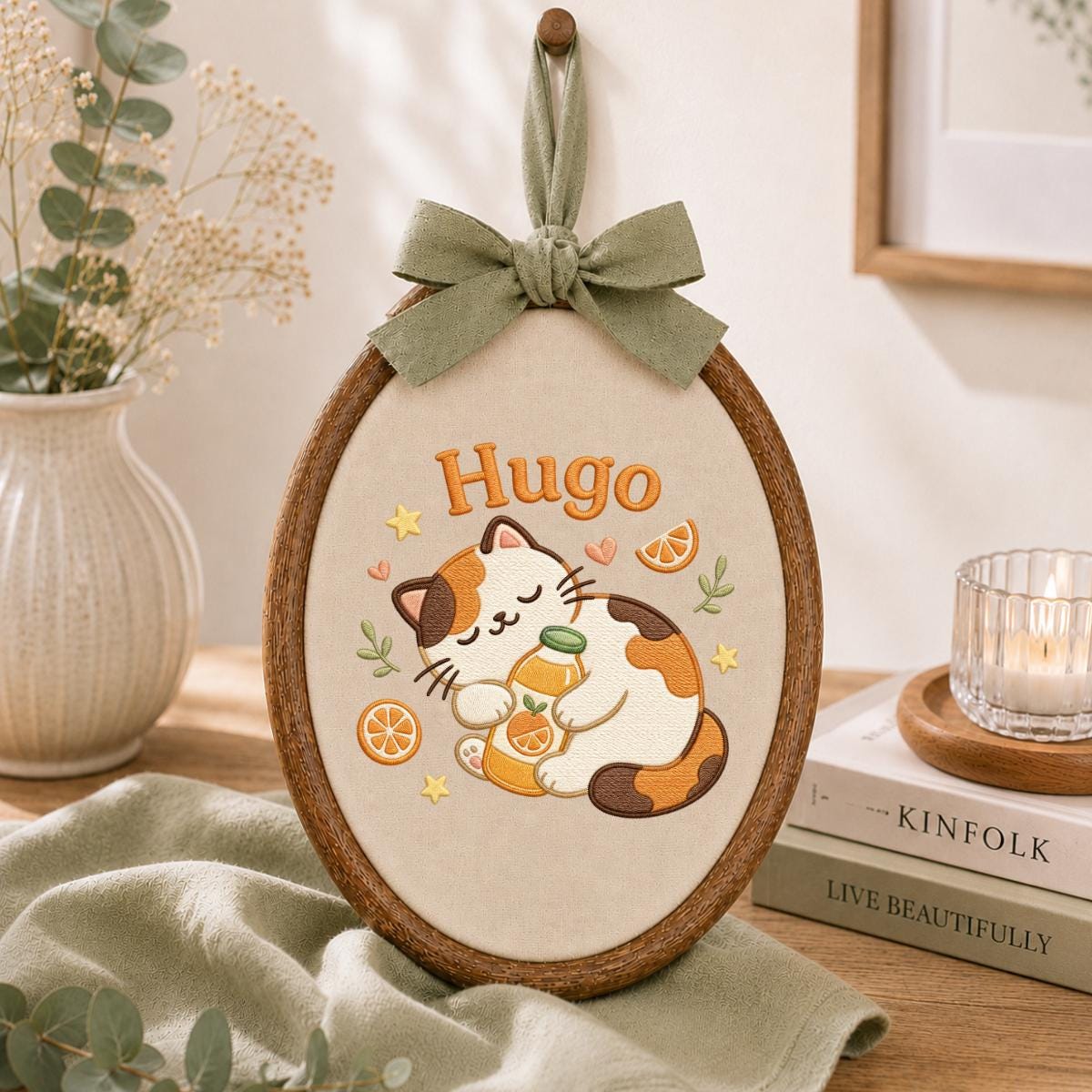 Personalized Embroidered Cat Hoop Art, Custom Name Nursery Decor