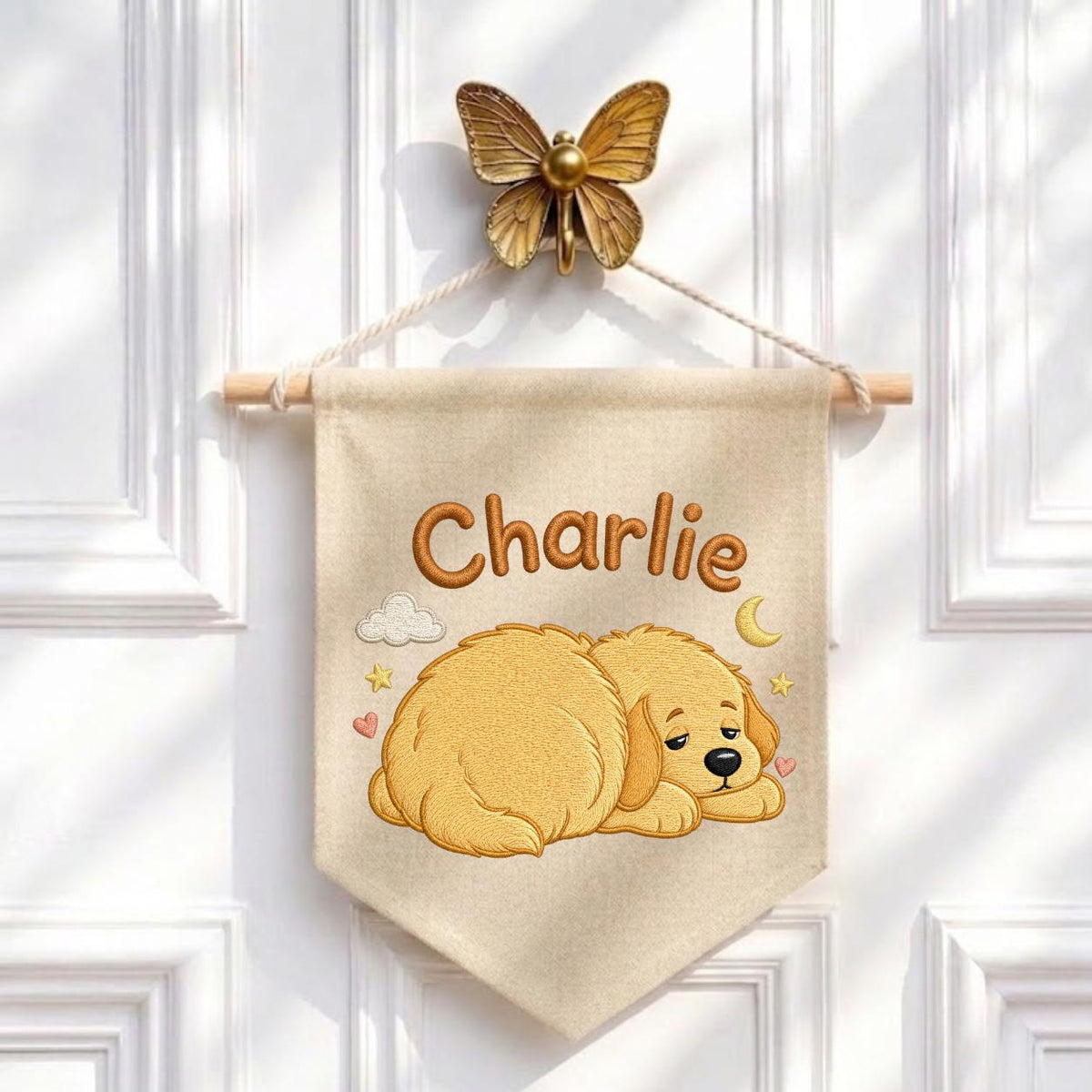 Personalized Embroidered Dog Banner, Sleepy Golden Puppy Nursery Decor