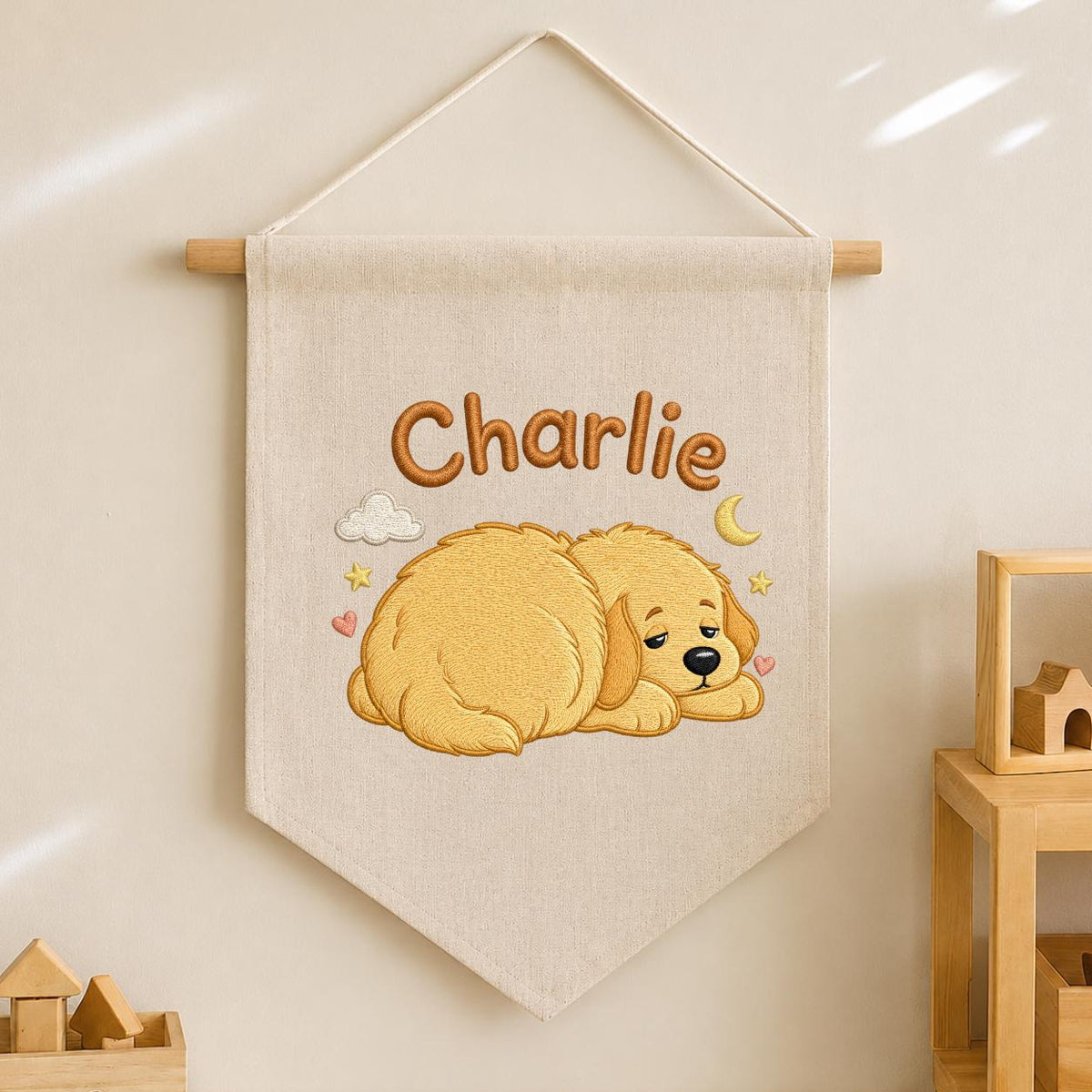 Personalized Embroidered Dog Banner, Sleepy Golden Puppy Nursery Decor