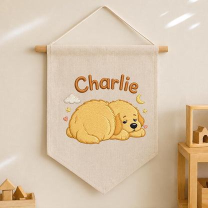 Personalized Embroidered Dog Banner, Sleepy Golden Puppy Nursery Decor