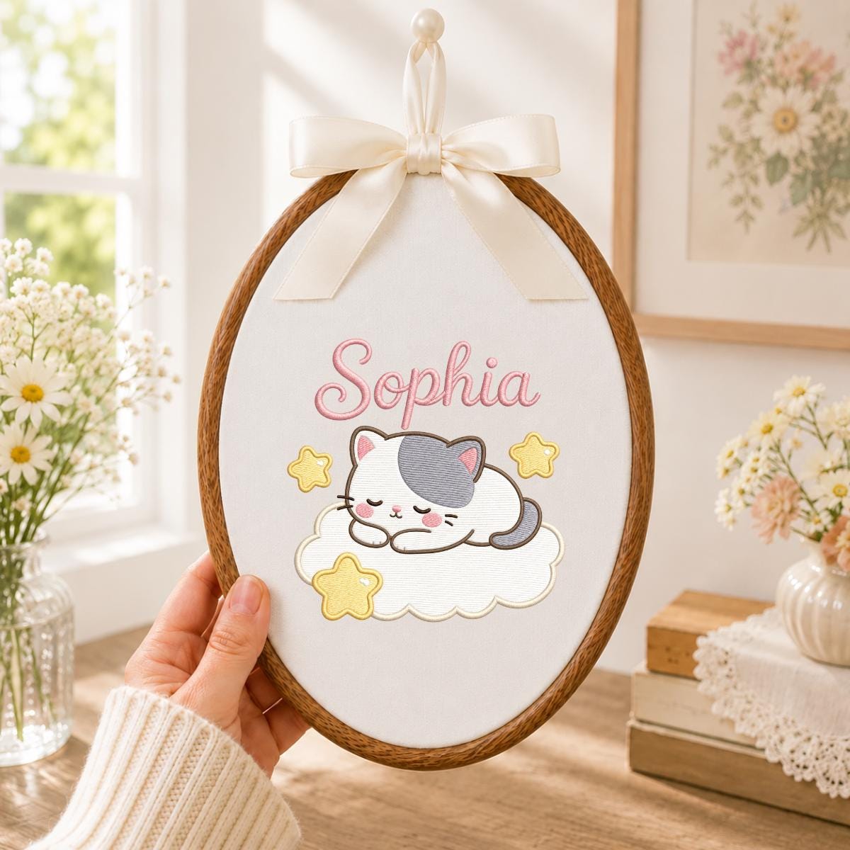 Personalized Embroidered Kitten Cloud Hoop Art, Custom Name Nursery Decor