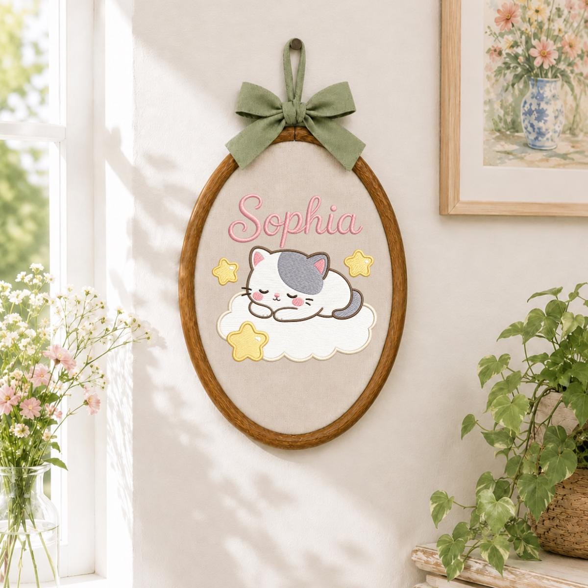 Personalized Embroidered Kitten Cloud Hoop Art, Custom Name Nursery Decor