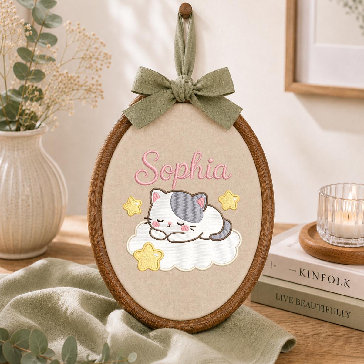 Personalized Embroidered Kitten Cloud Hoop Art, Custom Name Nursery Decor