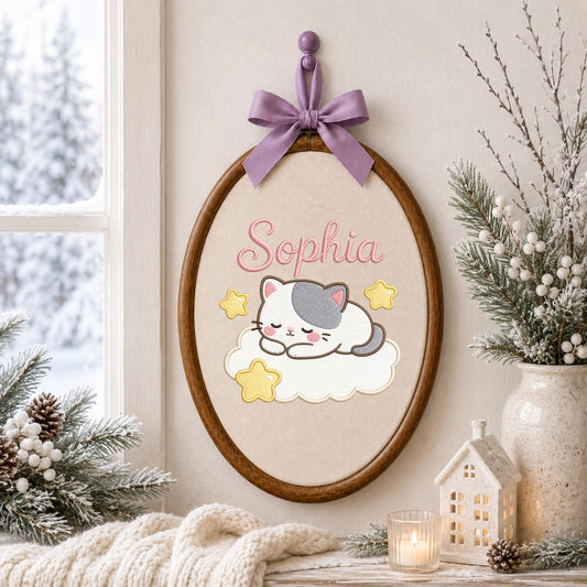 Personalized Embroidered Kitten Cloud Hoop Art, Custom Name Nursery Decor