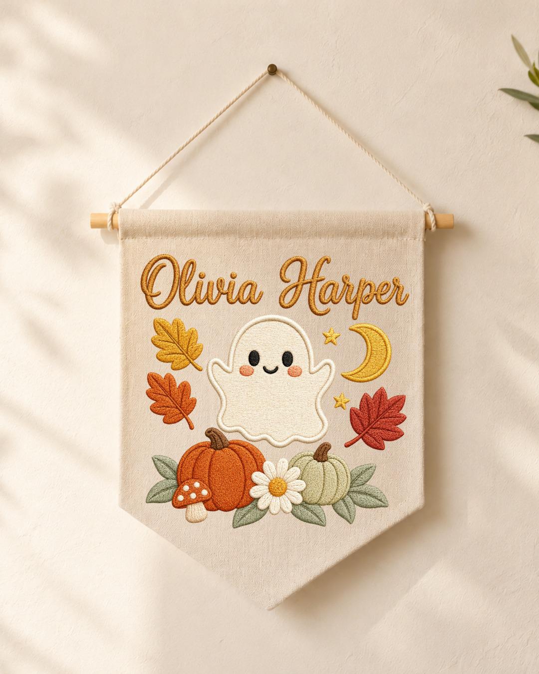 Personalized Halloween Ghost Wall Hanging, Custom Name Embroidered Banner, Cute Pumpkin Fall Nursery Decor, Spooky Season Baby Gift