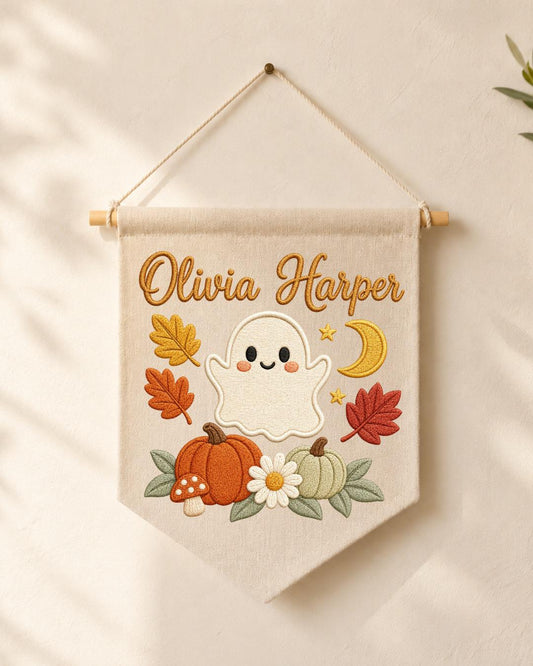 Personalized Halloween Ghost Wall Hanging, Custom Name Embroidered Banner, Cute Pumpkin Fall Nursery Decor, Spooky Season Baby Gift