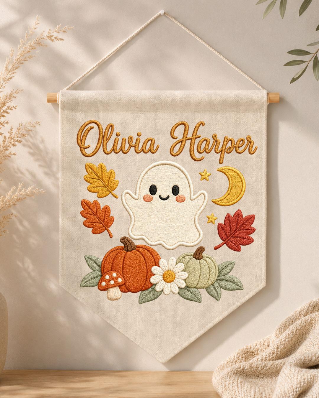 Personalized Halloween Ghost Wall Hanging, Custom Name Embroidered Banner, Cute Pumpkin Fall Nursery Decor, Spooky Season Baby Gift