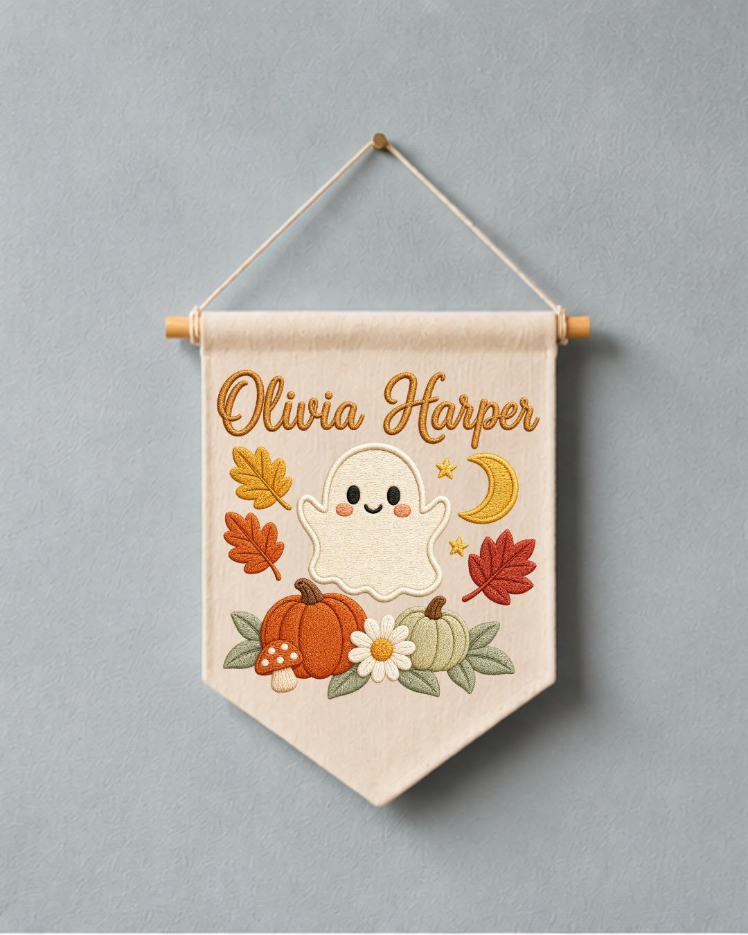 Personalized Halloween Ghost Wall Hanging, Custom Name Embroidered Banner, Cute Pumpkin Fall Nursery Decor, Spooky Season Baby Gift