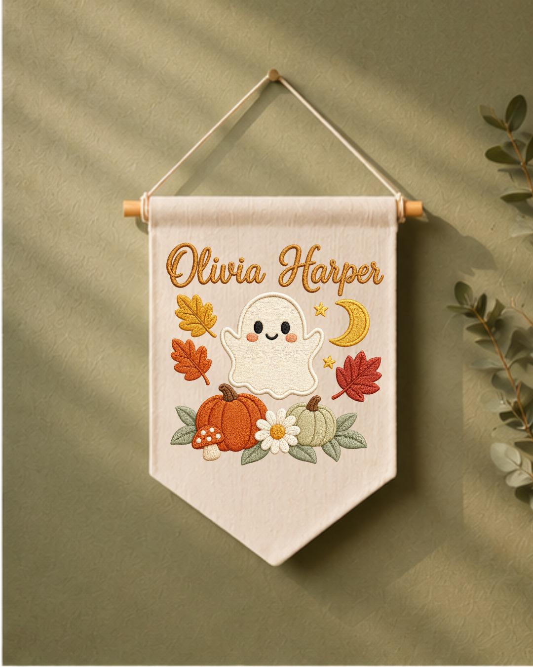 Personalized Halloween Ghost Wall Hanging, Custom Name Embroidered Banner, Cute Pumpkin Fall Nursery Decor, Spooky Season Baby Gift