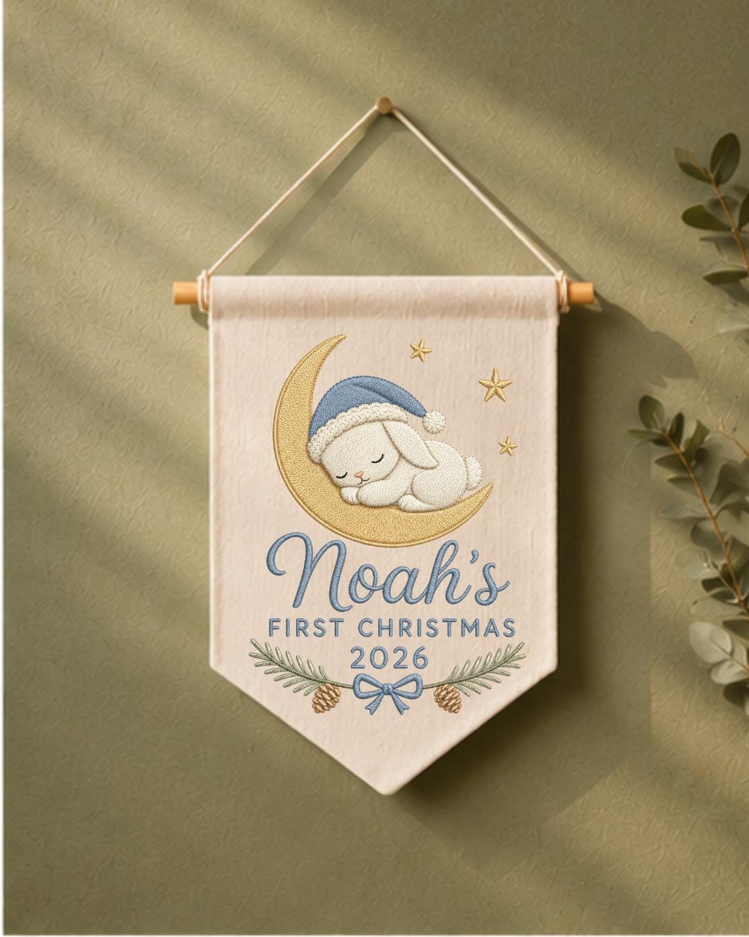 Personalized First Christmas Wall Hanging, Custom Name Embroidered Bunny Banner, Baby Boy Christmas Nursery Decor, Newborn Keepsake Gift