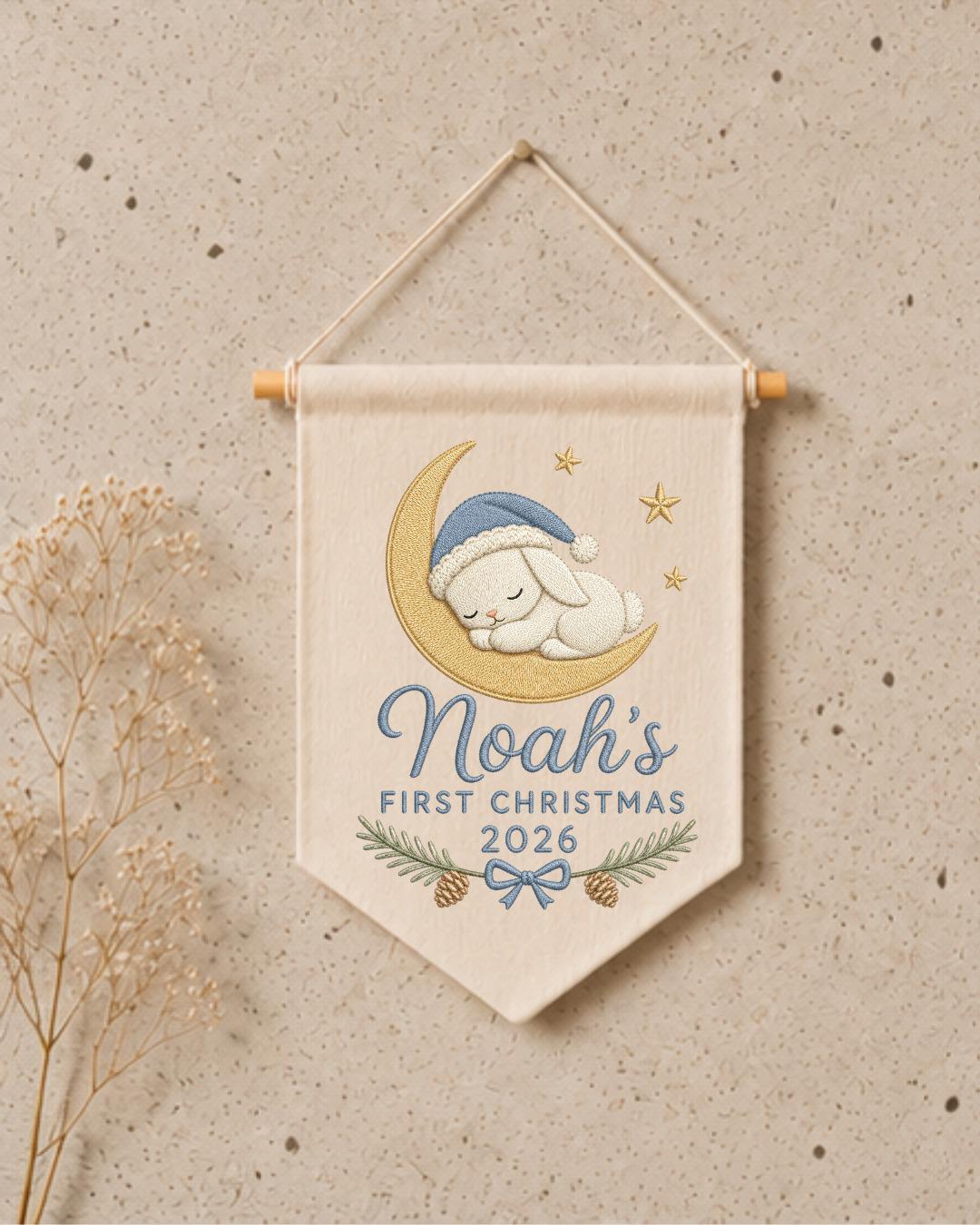 Personalized First Christmas Wall Hanging, Custom Name Embroidered Bunny Banner, Baby Boy Christmas Nursery Decor, Newborn Keepsake Gift