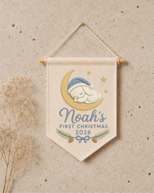 Personalized First Christmas Wall Hanging, Custom Name Embroidered Bunny Banner, Baby Boy Christmas Nursery Decor, Newborn Keepsake Gift