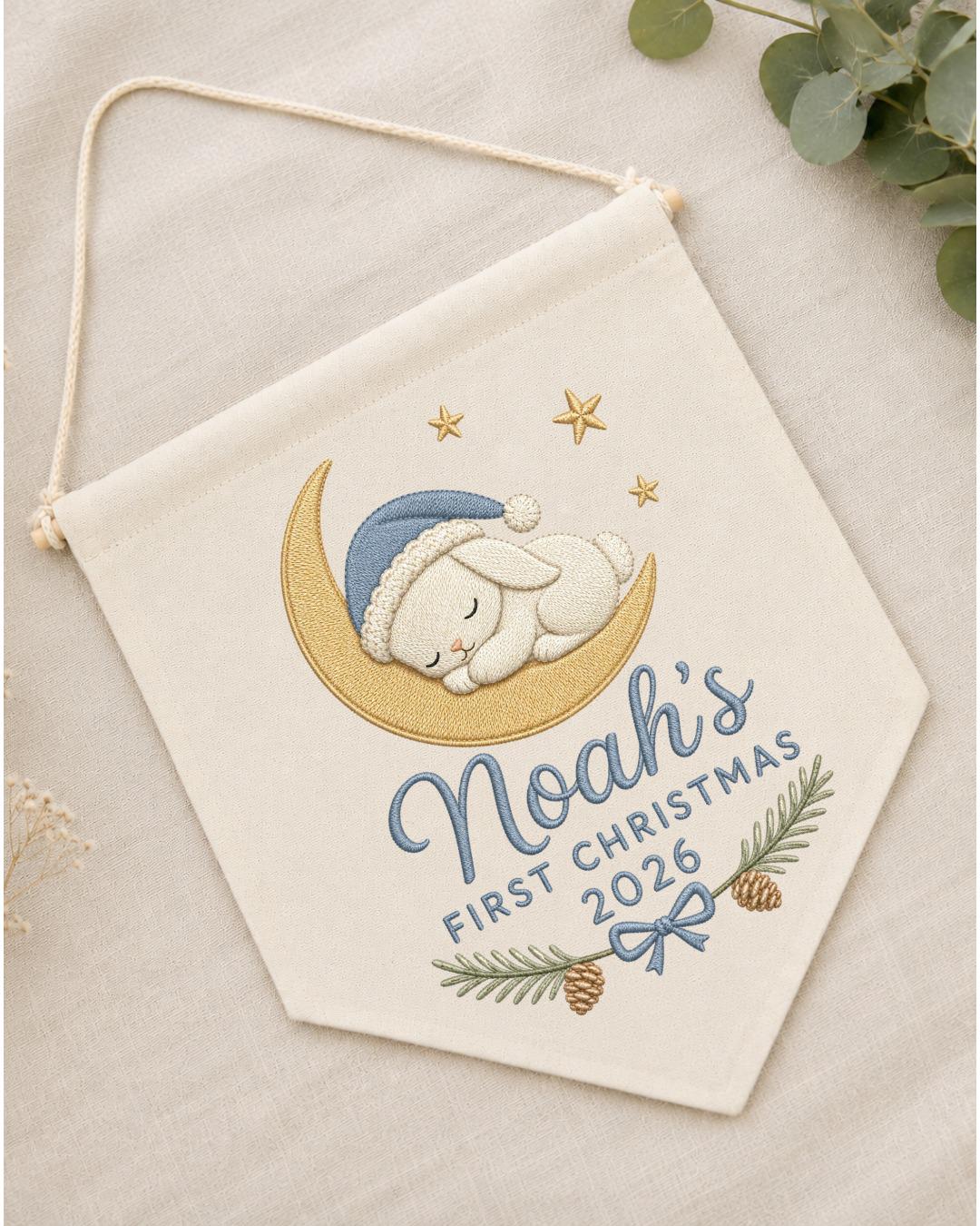 Personalized First Christmas Wall Hanging, Custom Name Embroidered Bunny Banner, Baby Boy Christmas Nursery Decor, Newborn Keepsake Gift
