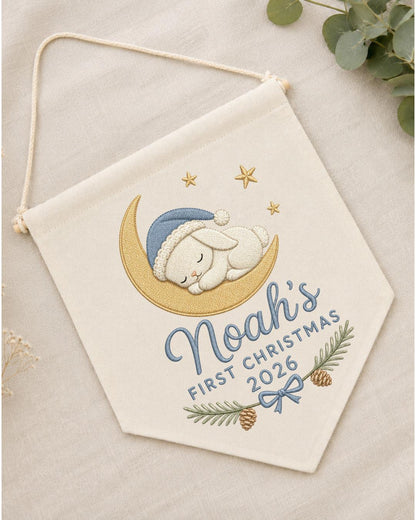 Personalized First Christmas Wall Hanging, Custom Name Embroidered Bunny Banner, Baby Boy Christmas Nursery Decor, Newborn Keepsake Gift