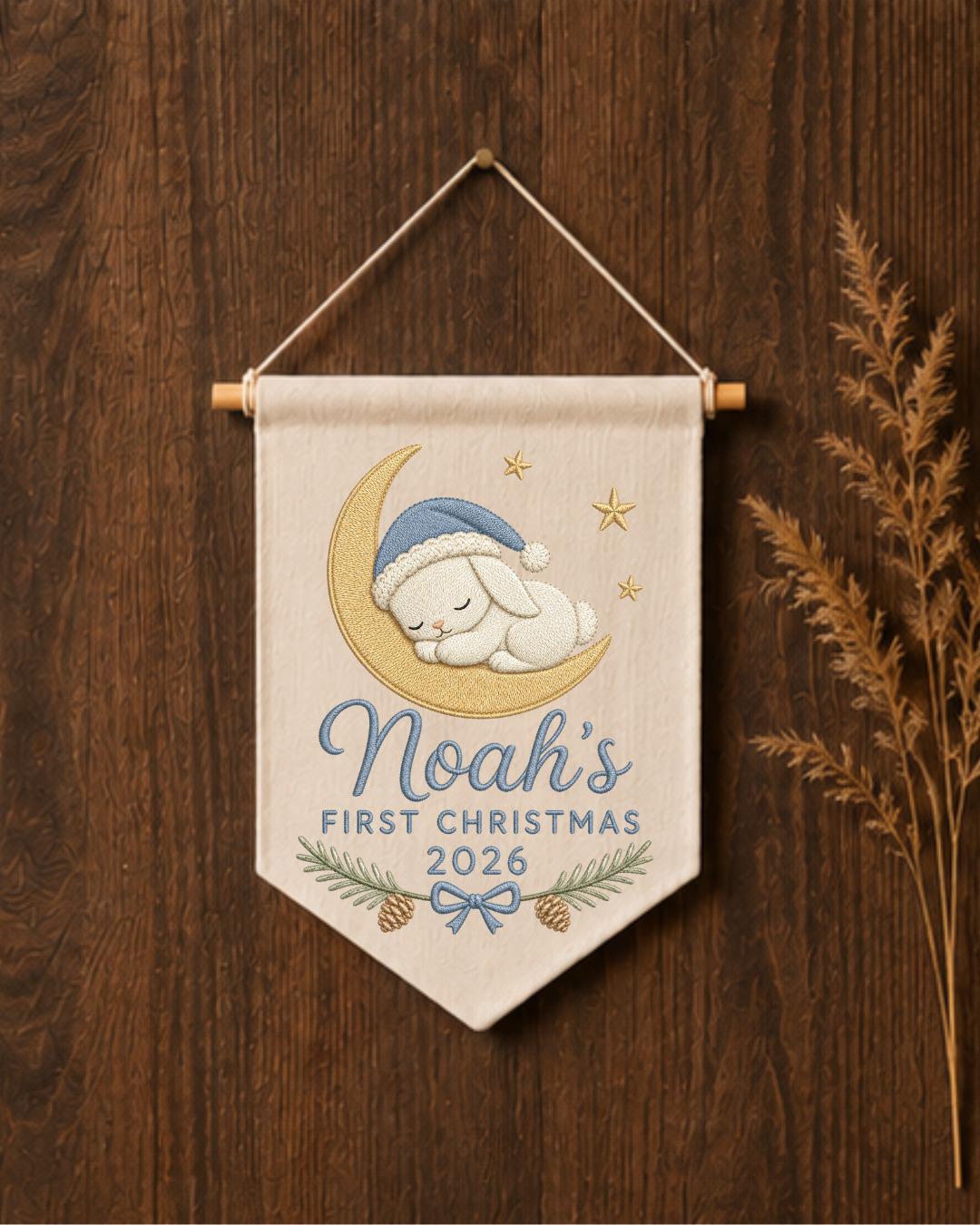Personalized First Christmas Wall Hanging, Custom Name Embroidered Bunny Banner, Baby Boy Christmas Nursery Decor, Newborn Keepsake Gift