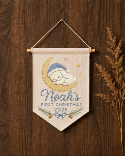 Personalized First Christmas Wall Hanging, Custom Name Embroidered Bunny Banner, Baby Boy Christmas Nursery Decor, Newborn Keepsake Gift