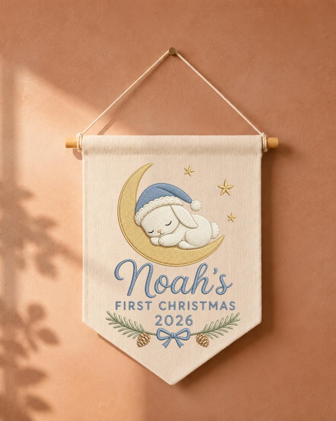 Personalized First Christmas Wall Hanging, Custom Name Embroidered Bunny Banner, Baby Boy Christmas Nursery Decor, Newborn Keepsake Gift