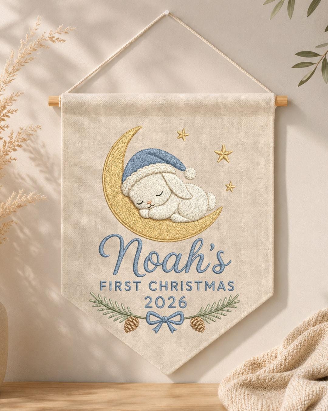 Personalized First Christmas Wall Hanging, Custom Name Embroidered Bunny Banner, Baby Boy Christmas Nursery Decor, Newborn Keepsake Gift