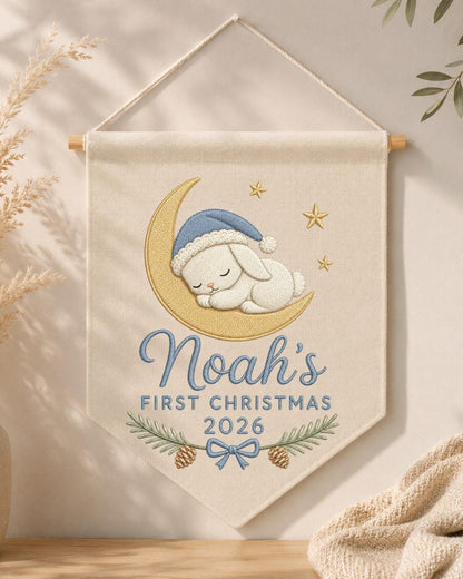 Personalized First Christmas Wall Hanging, Custom Name Embroidered Bunny Banner, Baby Boy Christmas Nursery Decor, Newborn Keepsake Gift