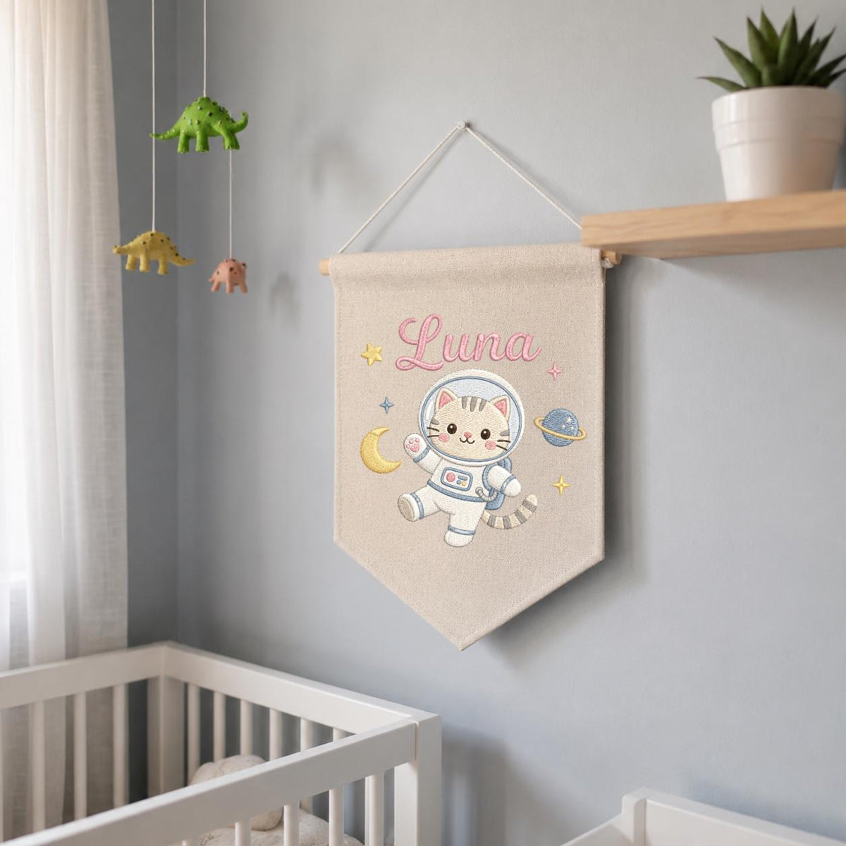 Personalized Embroidered Space Cat Banner, Custom Luna Name Nursery Decor