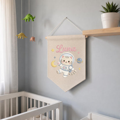 Personalized Embroidered Space Cat Banner, Custom Luna Name Nursery Decor