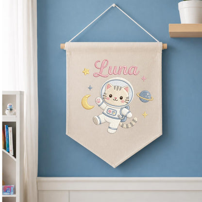 Personalized Embroidered Space Cat Banner, Custom Luna Name Nursery Decor