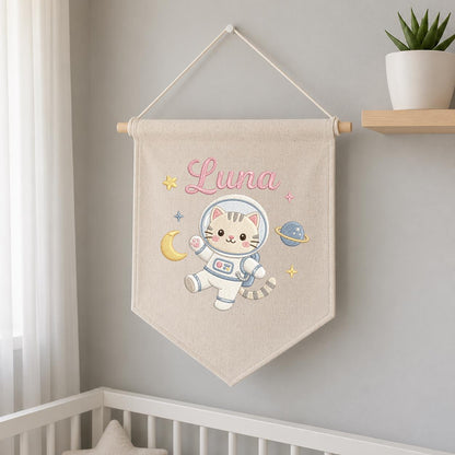 Personalized Embroidered Space Cat Banner, Custom Luna Name Nursery Decor