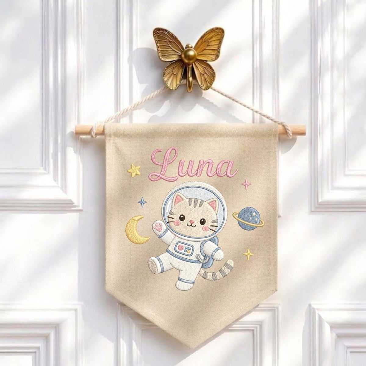 Personalized Embroidered Space Cat Banner, Custom Luna Name Nursery Decor