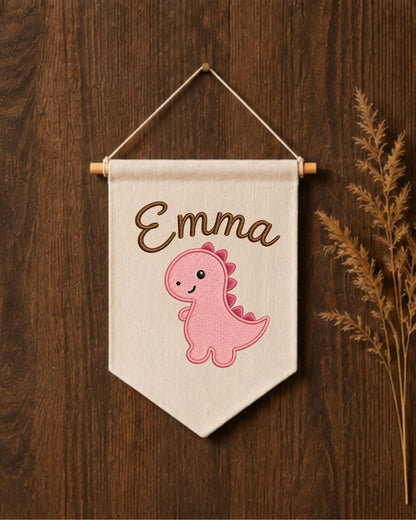 Personalized Dinosaur Nursery Wall Hanging, Custom Name Embroidered Banner, Pink Dino Baby Girl Room Decor, Cute Nursery Gift