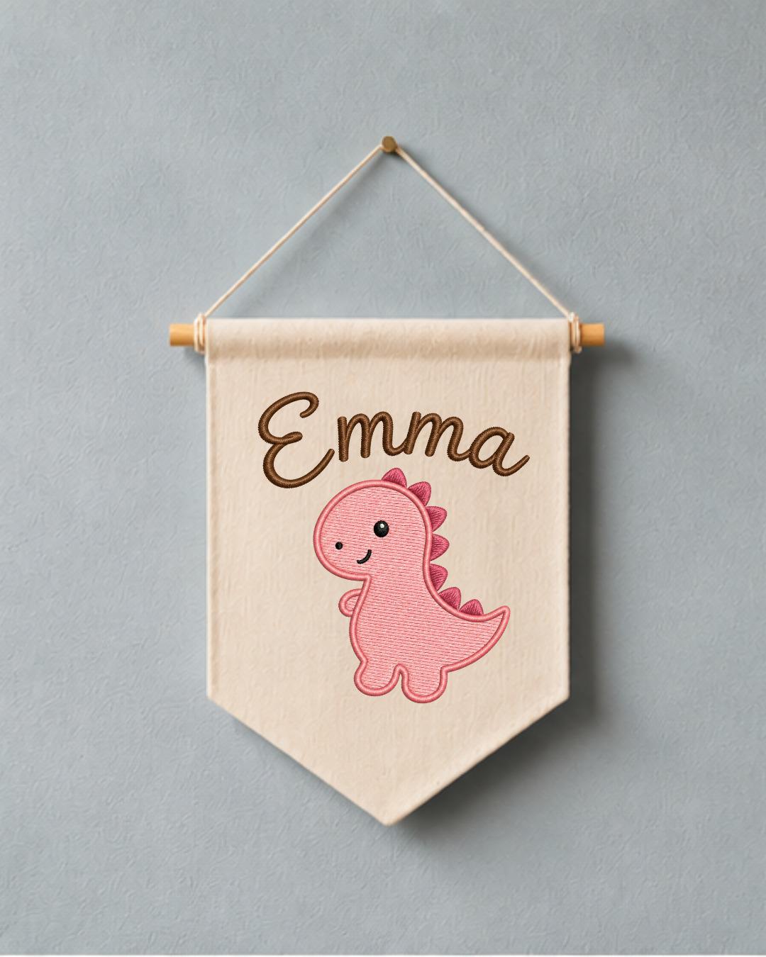 Personalized Dinosaur Nursery Wall Hanging, Custom Name Embroidered Banner, Pink Dino Baby Girl Room Decor, Cute Nursery Gift