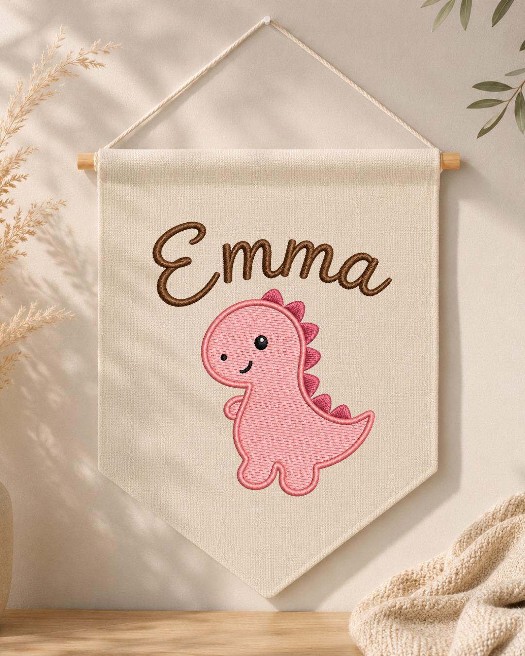 Personalized Dinosaur Nursery Wall Hanging, Custom Name Embroidered Banner, Pink Dino Baby Girl Room Decor, Cute Nursery Gift