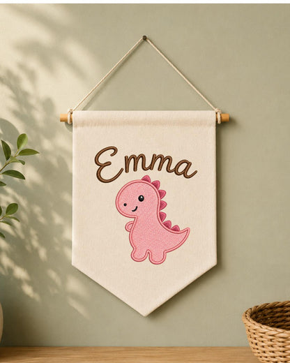 Personalized Dinosaur Nursery Wall Hanging, Custom Name Embroidered Banner, Pink Dino Baby Girl Room Decor, Cute Nursery Gift