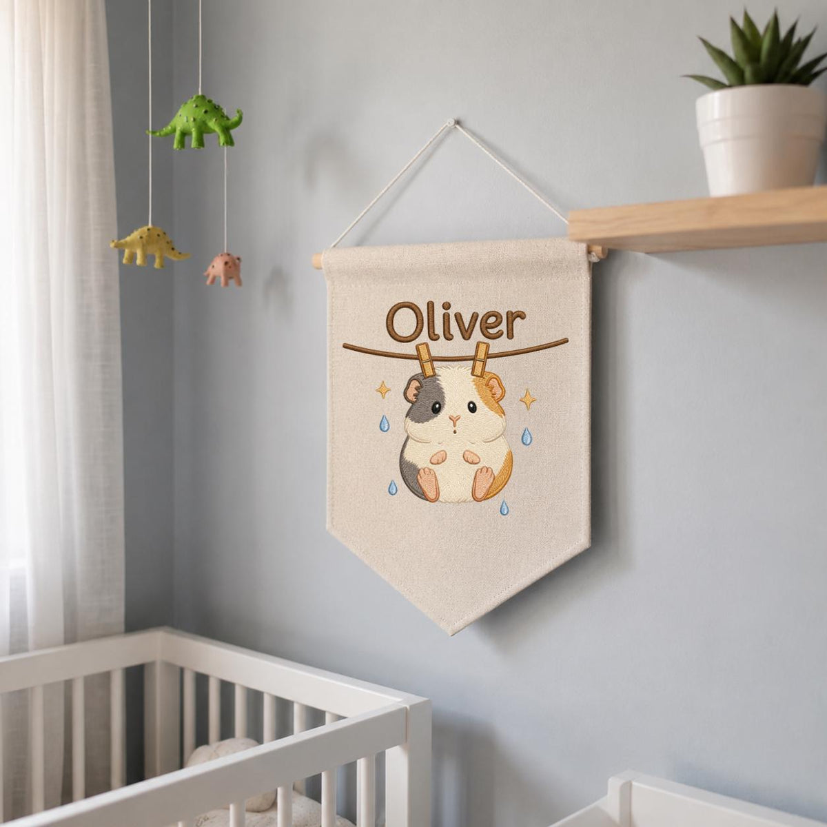 Embroidered Guinea Pig Linen Banner, Custom Name Nursery Wall Hanging