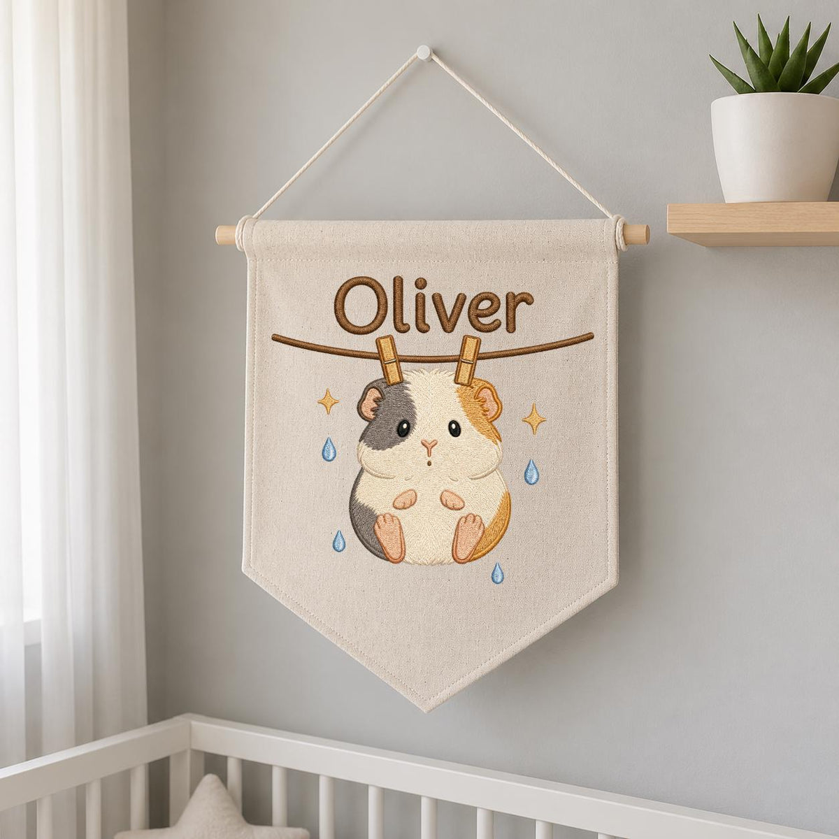 Embroidered Guinea Pig Linen Banner, Custom Name Nursery Wall Hanging