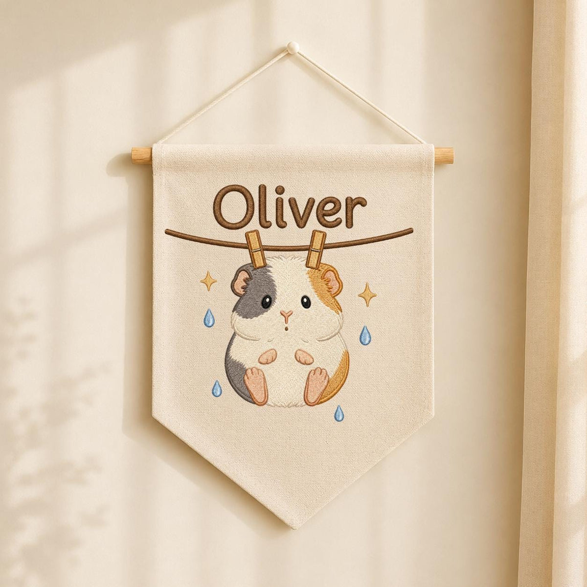 Embroidered Guinea Pig Linen Banner, Custom Name Nursery Wall Hanging
