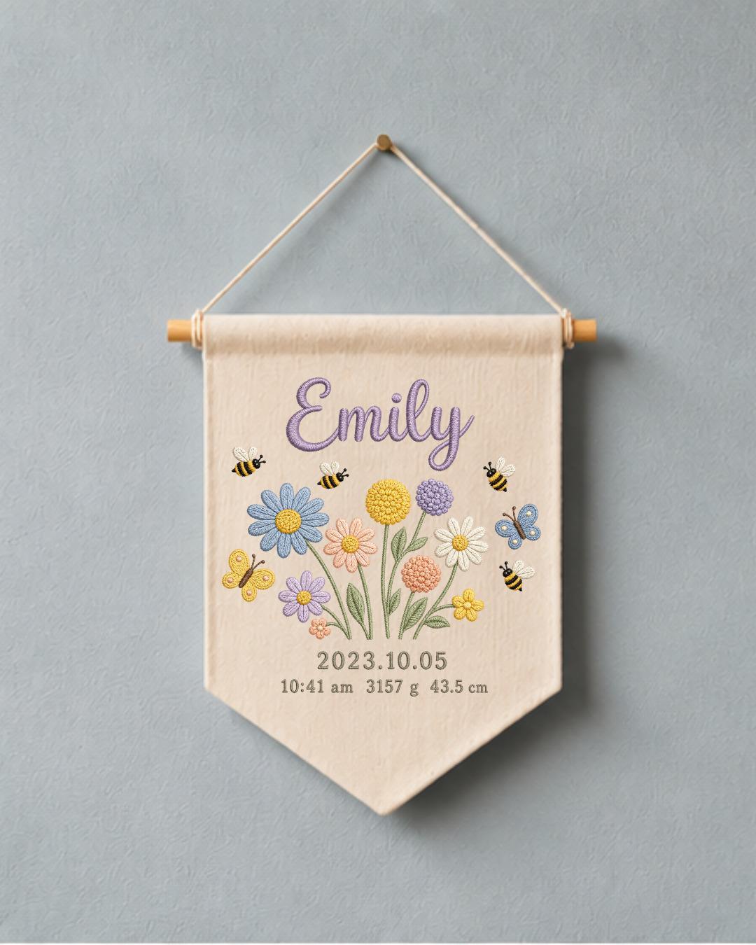Personalized Baby Birth Stats Wall Hanging, Custom Name Embroidered Floral Banner, Wildflower Nursery Decor, Newborn Keepsake Gift
