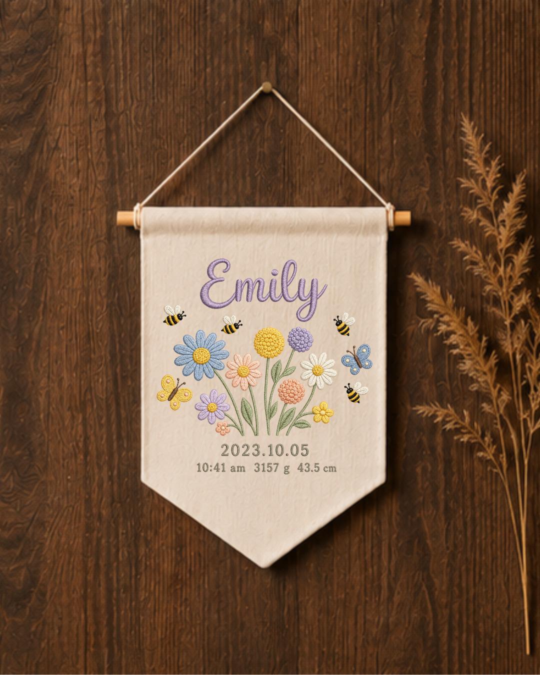 Personalized Baby Birth Stats Wall Hanging, Custom Name Embroidered Floral Banner, Wildflower Nursery Decor, Newborn Keepsake Gift