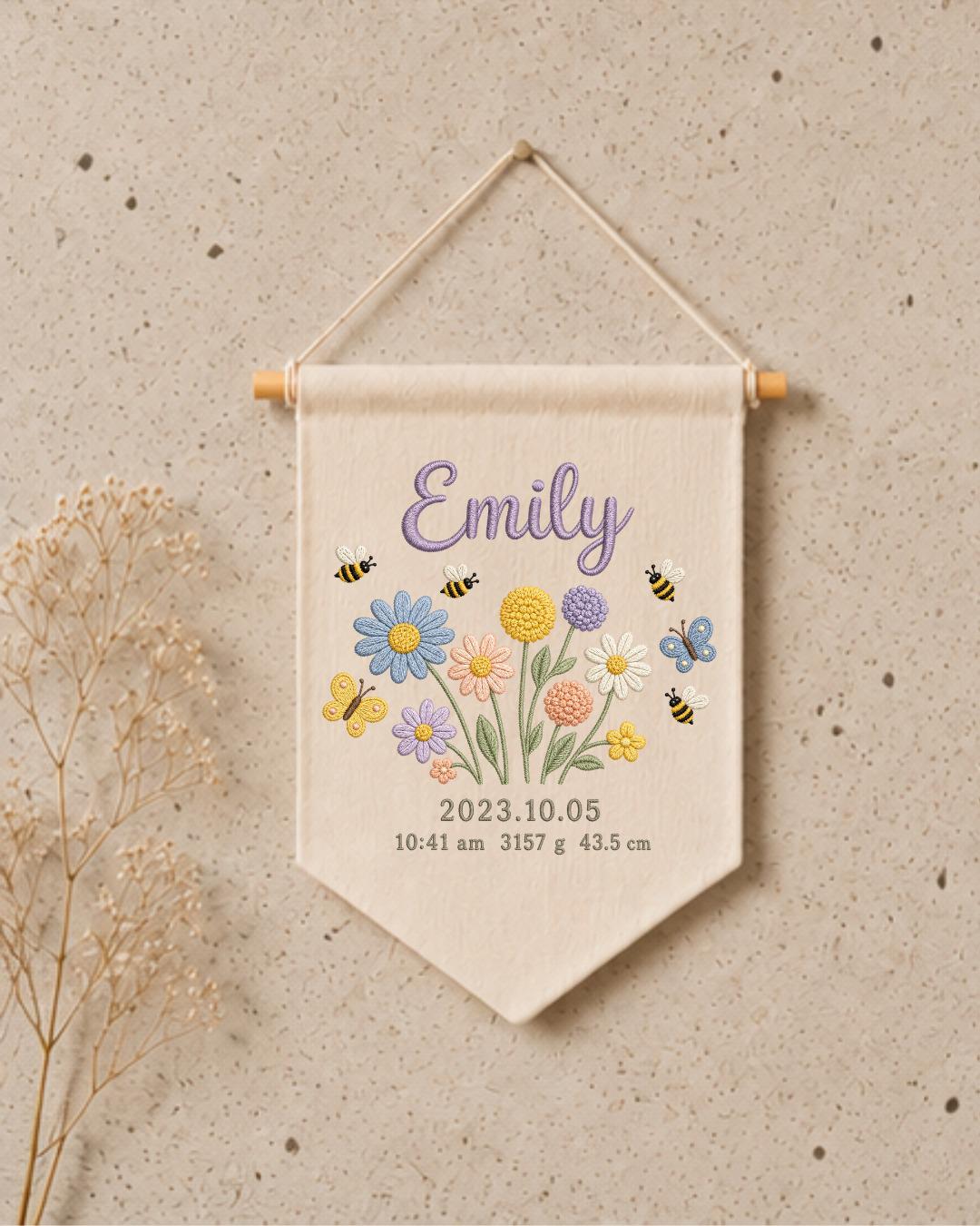 Personalized Baby Birth Stats Wall Hanging, Custom Name Embroidered Floral Banner, Wildflower Nursery Decor, Newborn Keepsake Gift
