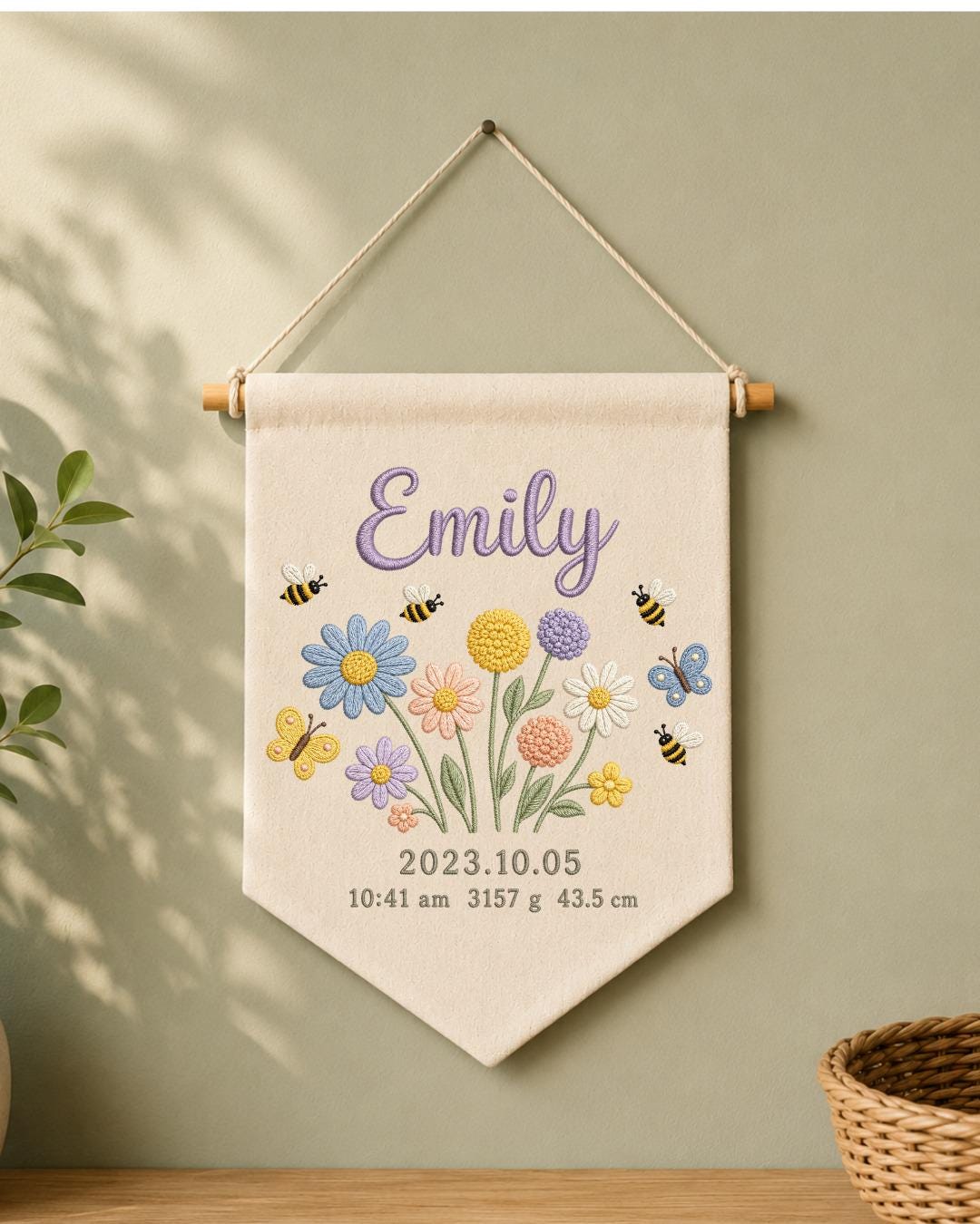 Personalized Baby Birth Stats Wall Hanging, Custom Name Embroidered Floral Banner, Wildflower Nursery Decor, Newborn Keepsake Gift