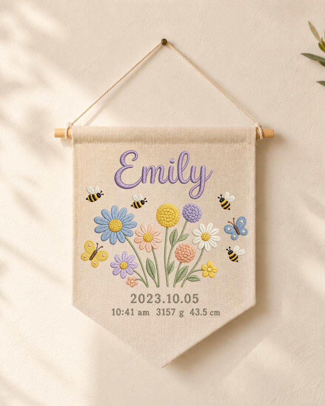 Personalized Baby Birth Stats Wall Hanging, Custom Name Embroidered Floral Banner, Wildflower Nursery Decor, Newborn Keepsake Gift