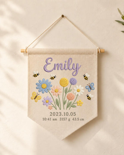 Personalized Baby Birth Stats Wall Hanging, Custom Name Embroidered Floral Banner, Wildflower Nursery Decor, Newborn Keepsake Gift