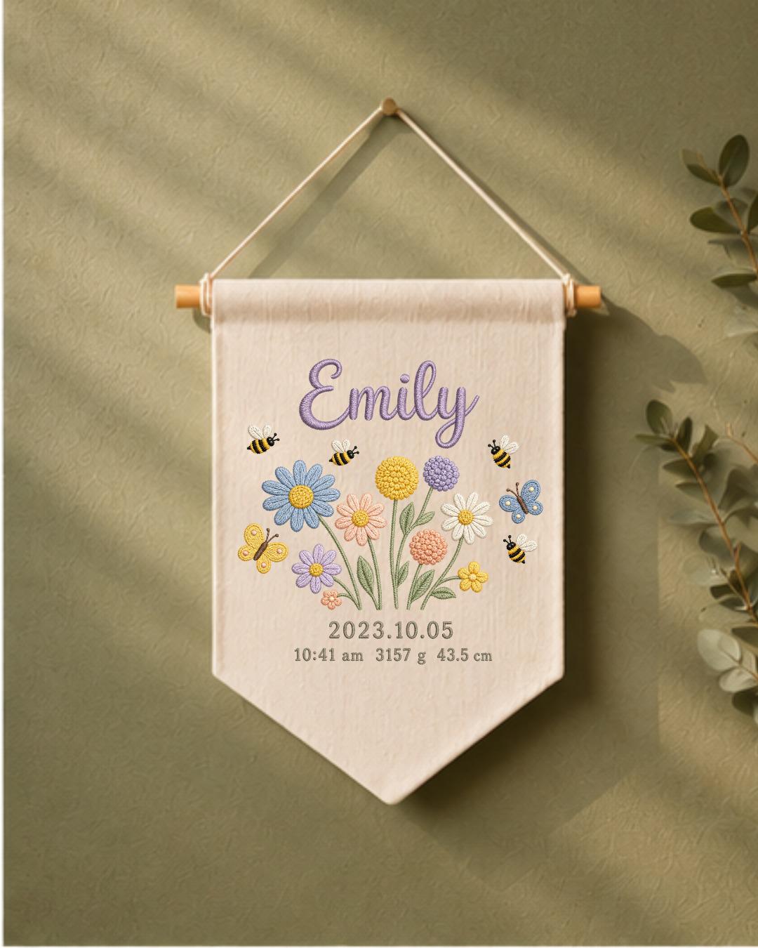 Personalized Baby Birth Stats Wall Hanging, Custom Name Embroidered Floral Banner, Wildflower Nursery Decor, Newborn Keepsake Gift