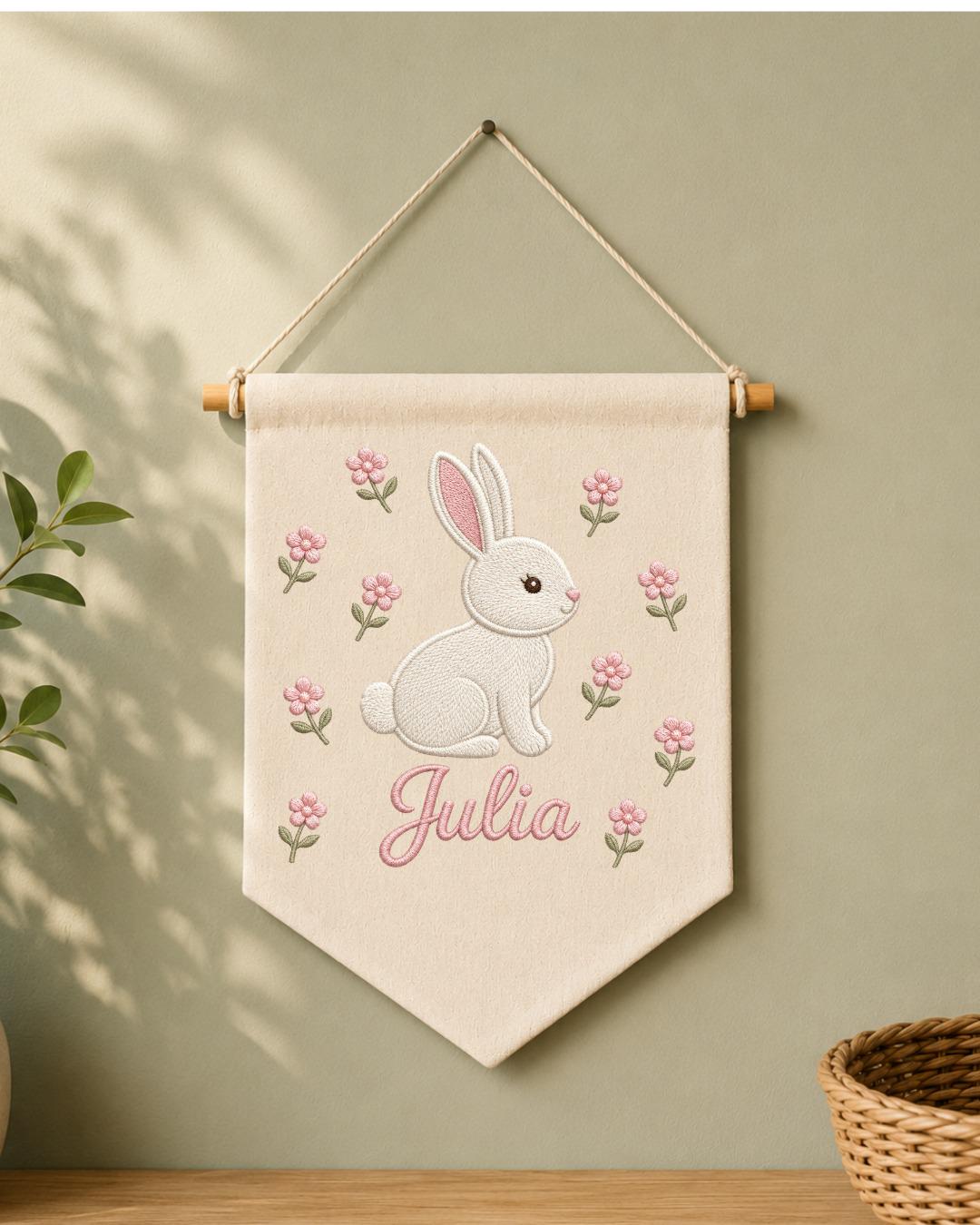 Personalized Bunny Nursery Wall Hanging, Custom Name Embroidered Banner, Floral Baby Girl Room Decor, Rabbit Nursery Art, Baby Shower Gift