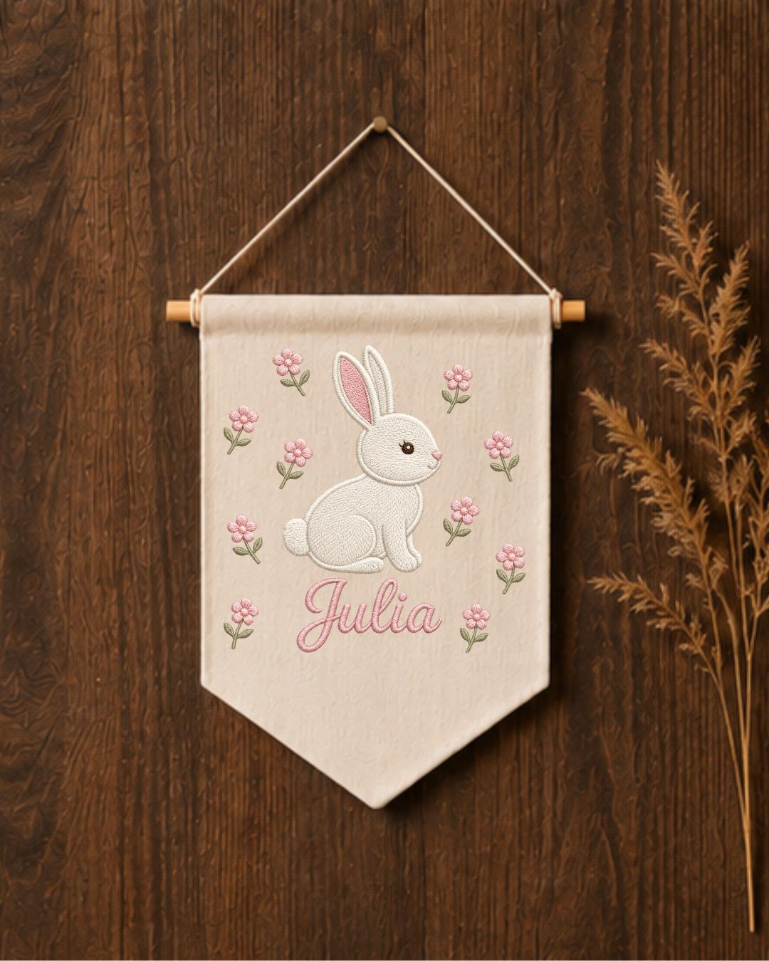 Personalized Bunny Nursery Wall Hanging, Custom Name Embroidered Banner, Floral Baby Girl Room Decor, Rabbit Nursery Art, Baby Shower Gift
