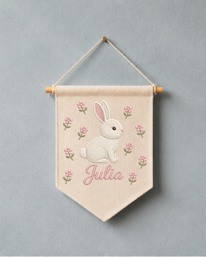 Personalized Bunny Nursery Wall Hanging, Custom Name Embroidered Banner, Floral Baby Girl Room Decor, Rabbit Nursery Art, Baby Shower Gift