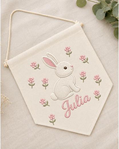 Personalized Bunny Nursery Wall Hanging, Custom Name Embroidered Banner, Floral Baby Girl Room Decor, Rabbit Nursery Art, Baby Shower Gift