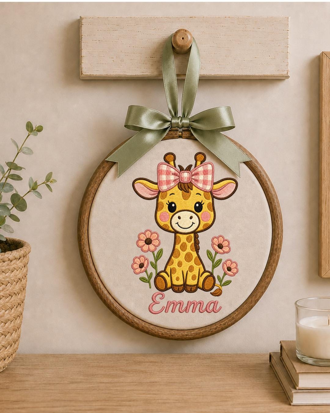 Personalized Embroidered Giraffe Ornament, Custom Baby Name Hoop, Floral Safari Nursery Decor, Baby Girl Gift, Newborn Keepsake