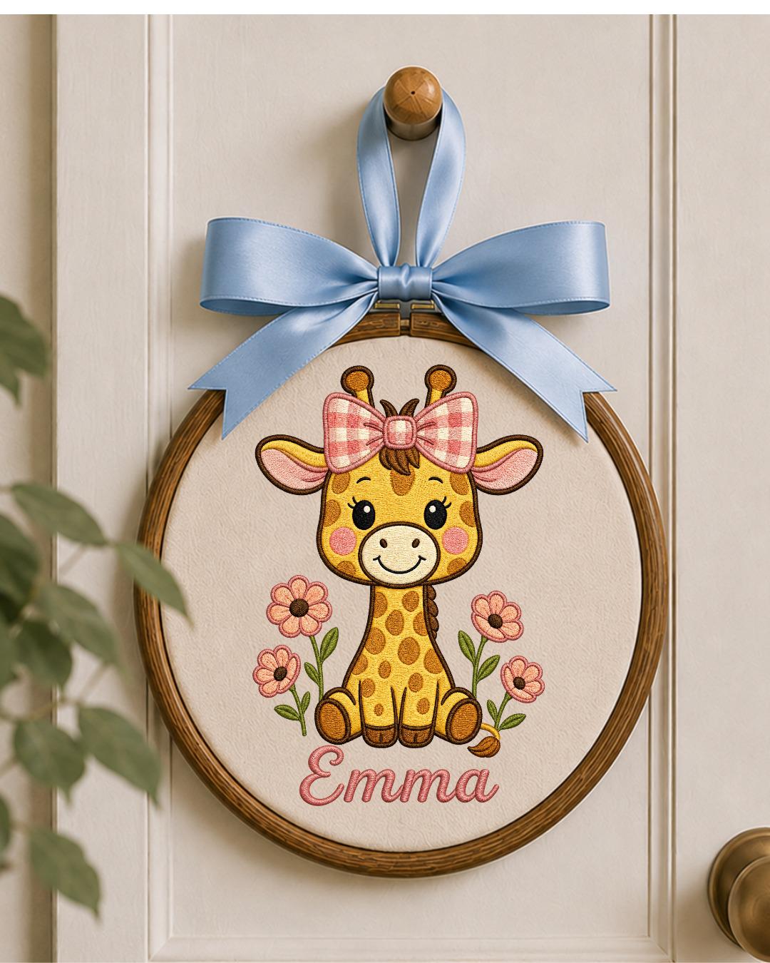 Personalized Embroidered Giraffe Ornament, Custom Baby Name Hoop, Floral Safari Nursery Decor, Baby Girl Gift, Newborn Keepsake