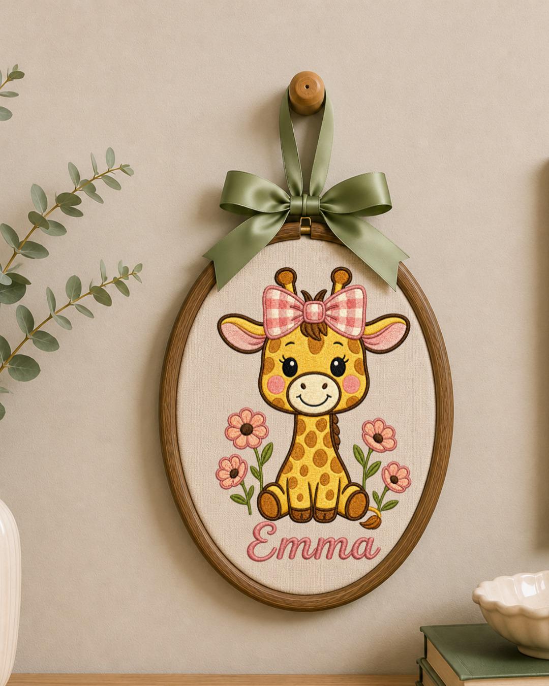 Personalized Embroidered Giraffe Ornament, Custom Baby Name Hoop, Floral Safari Nursery Decor, Baby Girl Gift, Newborn Keepsake